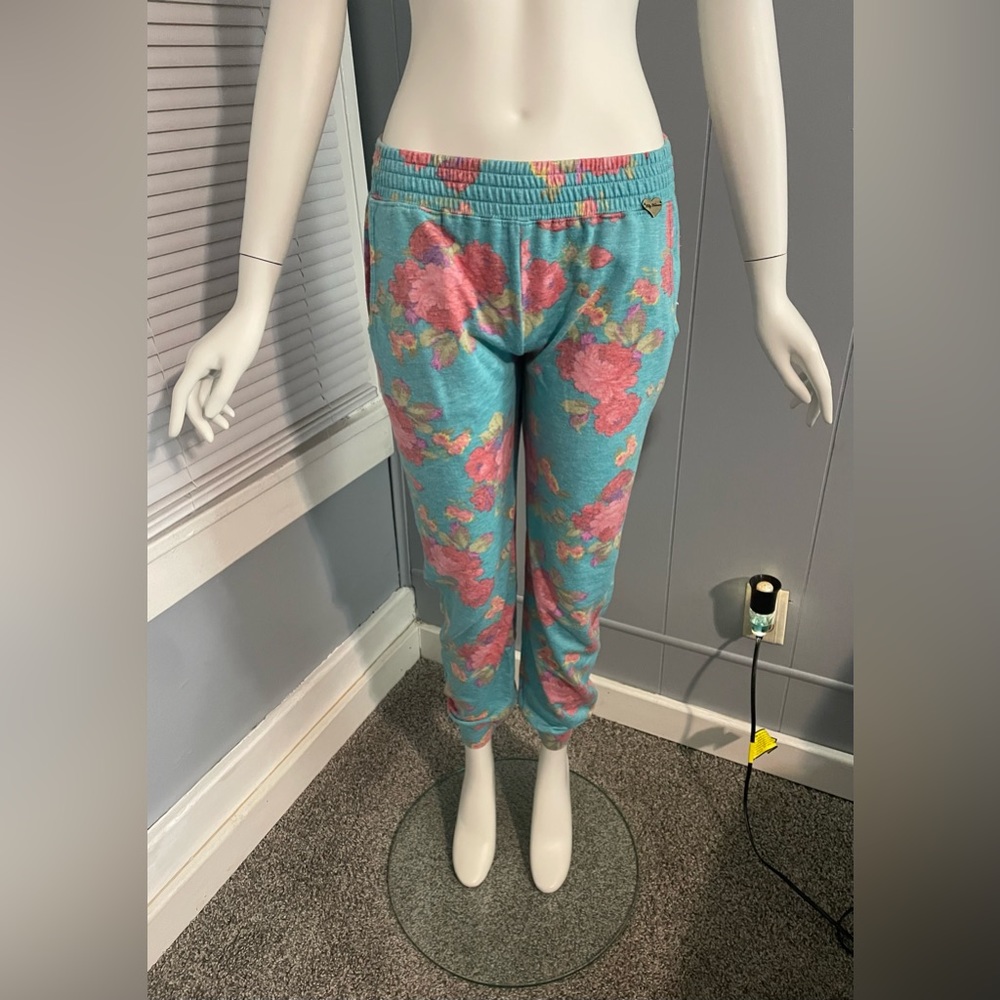 Rare Cute Booty Lounge Aqua Floral Joggers Pants Size Medium